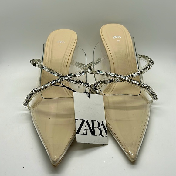 Zara Glitzy See Through Pointed Toe Jeweled Sandals Shoes **Sz 38/US Sz 8** 🔥🔥 - Picture 2 of 5